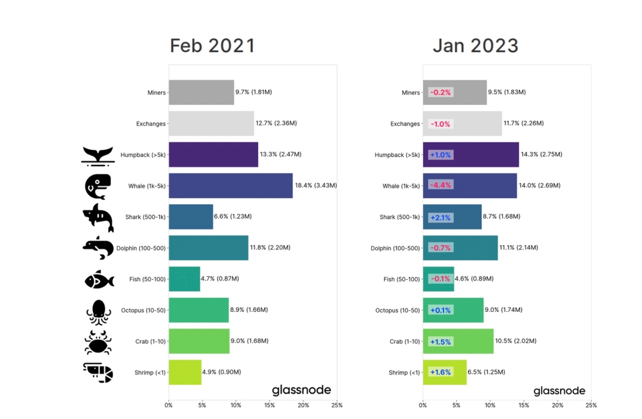 비트코인 소유 집중도, 2021년과 2023년 비교