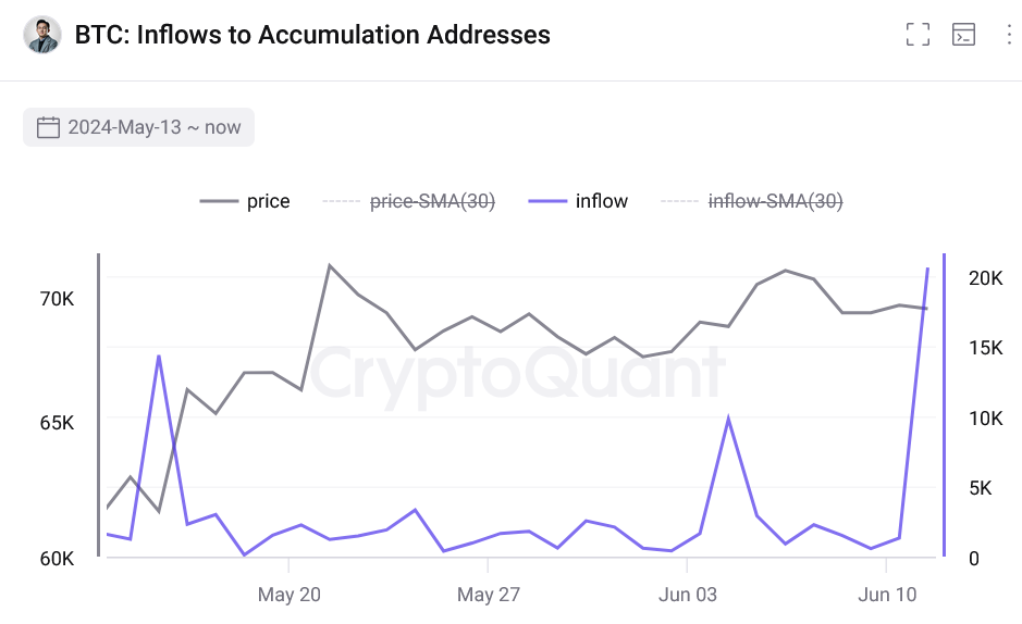 비트코인 ​​가격 변동 및 비트코인 ​​고래 계정 유입량 / CryptoQuant.