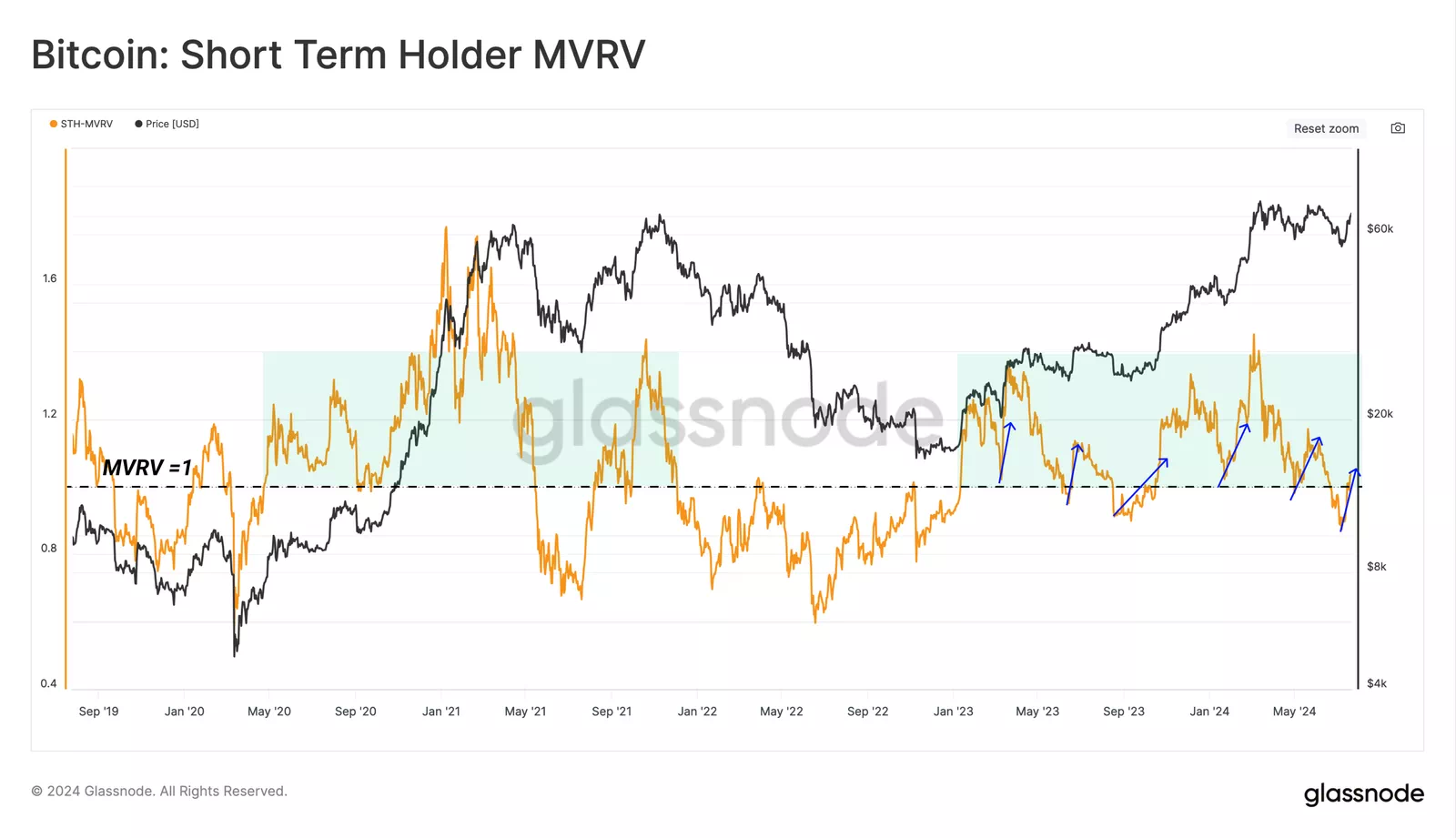 비트코인: 단기 보유자 MVRV. 출처: Glassnode
