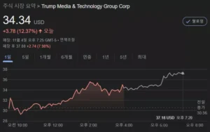 미국 주식시장에서 트럼프 미디어 기술 그룹(TMTG)의 주가가 밤사이 12% 이상 급등해 최근 하락세에서 반등했다. 시장 마감 후 시간외 거래에서 8% 상승 중 이다.