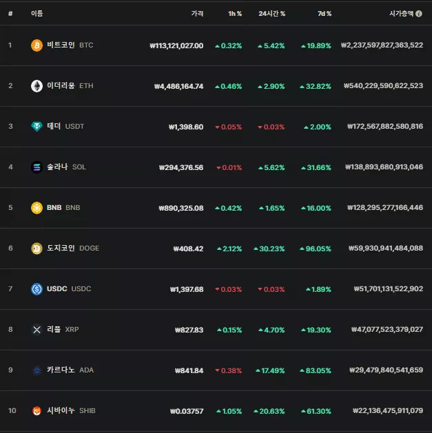 도지코인·시바이누 시총 6위·10위 등극...비트코인 주간 16% 상승